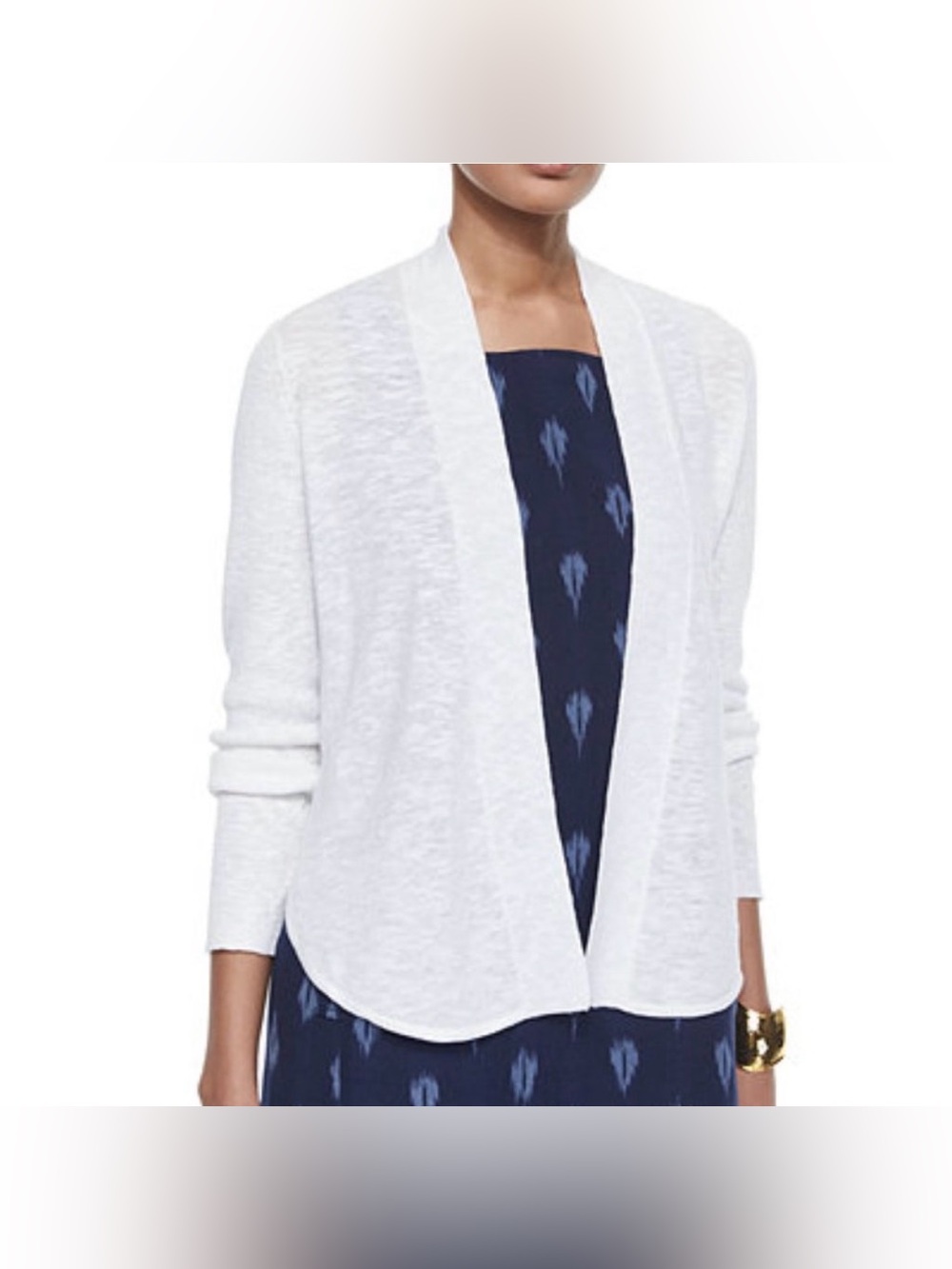 Eileen Fisher Organic Cotton Linen Slub Knit White Open Front Cardigan, size M